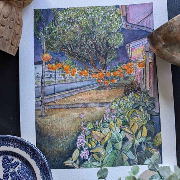 Original Watercolor - Pumpkin Lantern Tree i: Indigo Sky - Painting - Picture 2 of 6